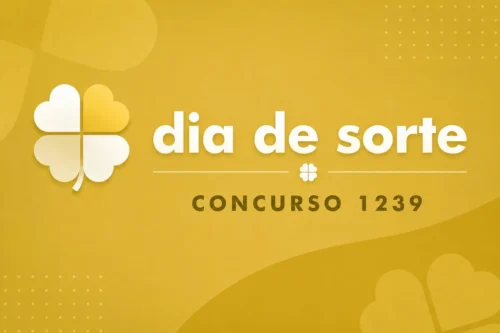 Ilustração minimalista em tons de amarelo com trevo estilizado e texto "Dia de Sorte – Concurso 1239" sobre fundo dourado.