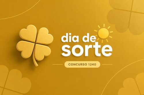 Arte minimalista do Dia de Sorte Concurso 1240 com trevo dourado em fundo amarelo e identidade visual da loteria.