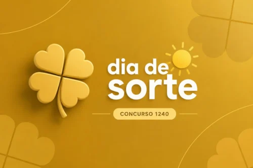 Arte minimalista do Dia de Sorte Concurso 1240 com trevo dourado em fundo amarelo e identidade visual da loteria.