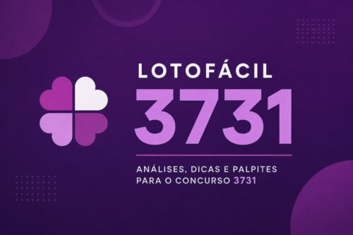 Ilustração minimalista em tons de roxo para o concurso Lotofácil 3731, com trevo estilizado e fundo escuro.