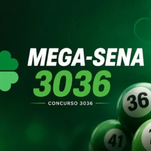 Resultado da Mega-Sena 3036 em destaque, com bolas de loteria verdes e fundo escuro.