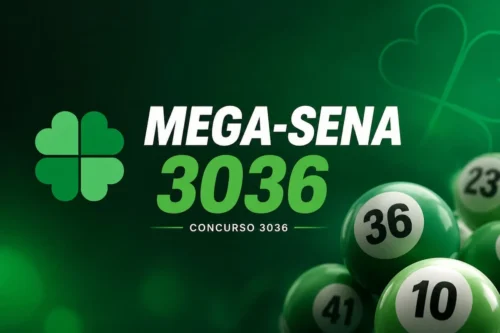 Resultado da Mega-Sena 3036 em destaque, com bolas de loteria verdes e fundo escuro.