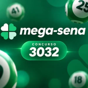 Mega-Sena concurso 3032 em destaque sobre fundo verde com bolas de sorteio, em arte minimalista sem cartela.