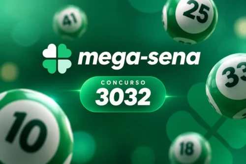 Mega-Sena concurso 3032 em destaque sobre fundo verde com bolas de sorteio, em arte minimalista sem cartela.