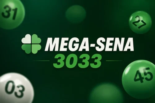 Mega-Sena 3033 em destaque sobre fundo verde escuro com bolas numeradas, em arte minimalista inspirada em loterias.