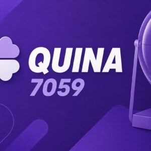 Ilustração minimalista da Quina 7059 com fundo roxo, trevo estilizado e globo de sorteio, sem números sorteados.