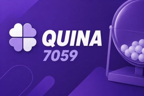 Ilustração minimalista da Quina 7059 com fundo roxo, trevo estilizado e globo de sorteio, sem números sorteados.