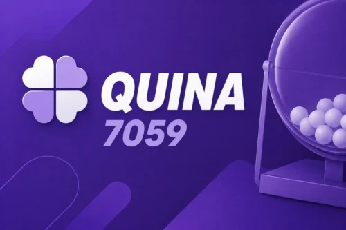 Ilustração minimalista da Quina 7059 com fundo roxo, trevo estilizado e globo de sorteio, sem números sorteados.
