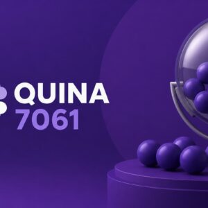 Ilustração minimalista da Quina 7061 com fundo roxo, máquina de sorteio e bolas de loteria, sem números sorteados.