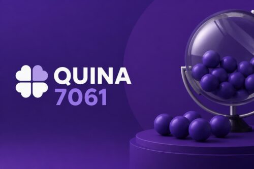 Ilustração minimalista da Quina 7061 com fundo roxo, máquina de sorteio e bolas de loteria, sem números sorteados.
