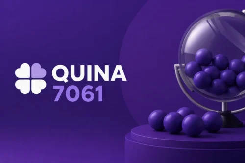 Ilustração minimalista da Quina 7061 com fundo roxo, máquina de sorteio e bolas de loteria, sem números sorteados.