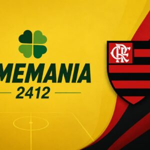 Arte minimalista da Timemania 2412 com fundo amarelo, símbolo da loteria e escudo do Flamengo como Time do Coração.