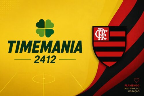 Arte minimalista da Timemania 2412 com fundo amarelo, símbolo da loteria e escudo do Flamengo como Time do Coração.