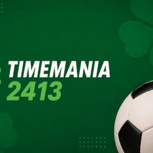 Ilustração minimalista da Timemania 2413 com fundo verde escuro, bola de futebol e elementos gráficos inspirados no concurso.