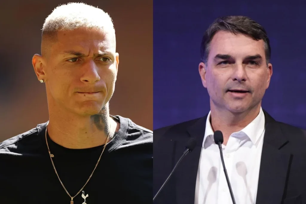 Montagem mostra Richarlison e Flávio Bolsonaro lado a lado após repercussão de disputa por mansão em Angra dos Reis.