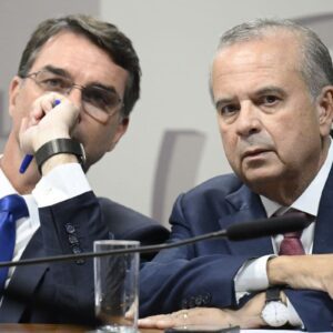 Rogério Marinho e Flávio Bolsonaro em comissão do Senado durante debate sobre pautas legislativas.