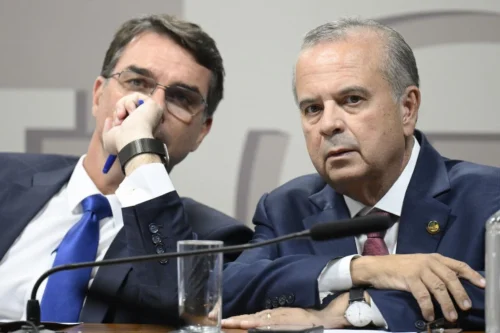Rogério Marinho e Flávio Bolsonaro em comissão do Senado durante debate sobre pautas legislativas.